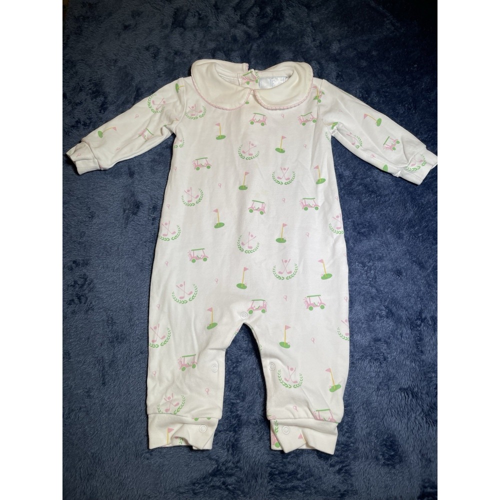 Little English Peter Pan Collar White w/ Pink Golf Flags Sz 6 Months Pima Cotton